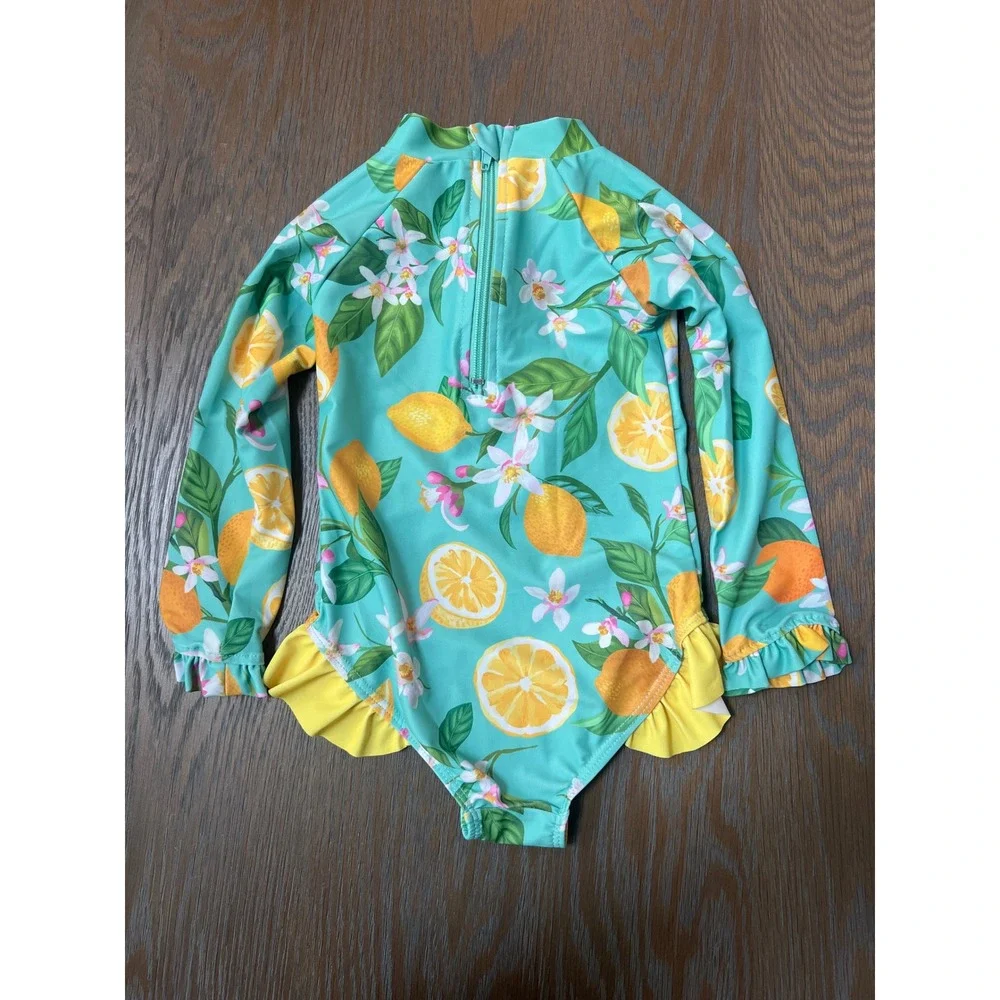 Kids NWT Lemon Floral Long-Sleeve One-Piece Swimsuit, Toddler 2T-3T